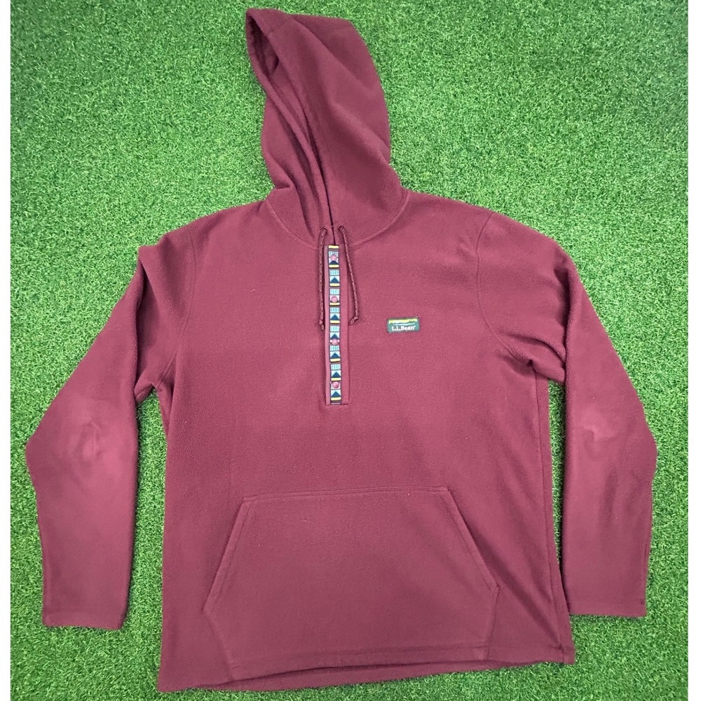 LL Bean Mens Mountain Classic Fleece Hoodie Burgundy Aztec Trim 510637 Large Reg